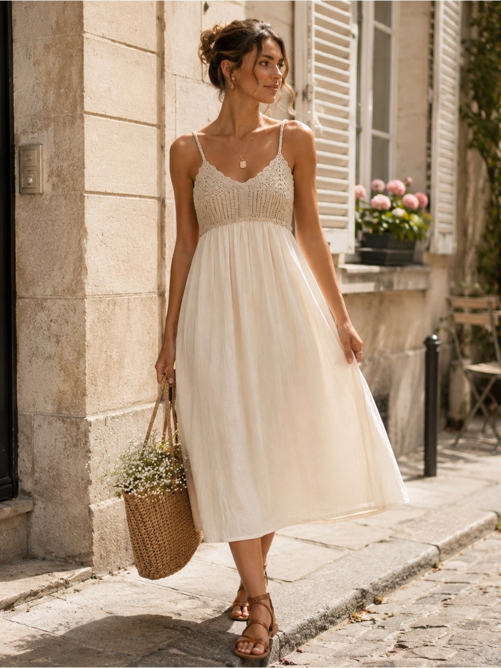 Zara Crochet Knit Midi Dress Cream Cotton Gauze Cottagecore Sz M Boho Beach